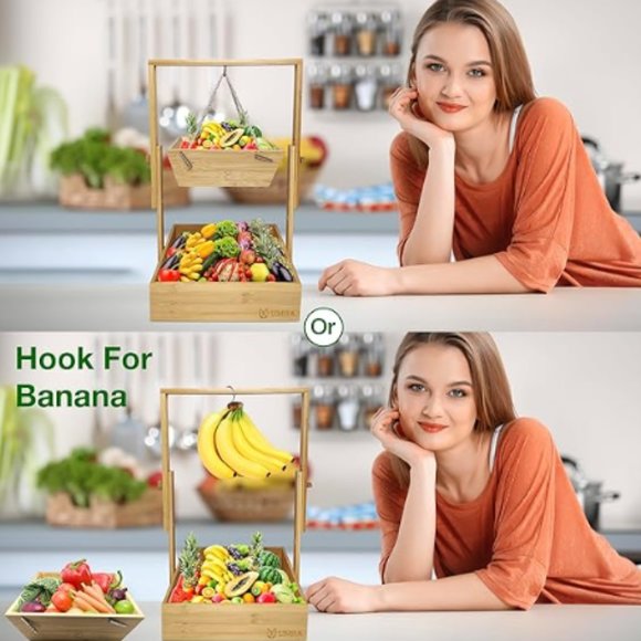 2-Tier Hanging Wooden Fruit Basket & Veggie Stand w/ Adjustable Height - Picture 4 of 10